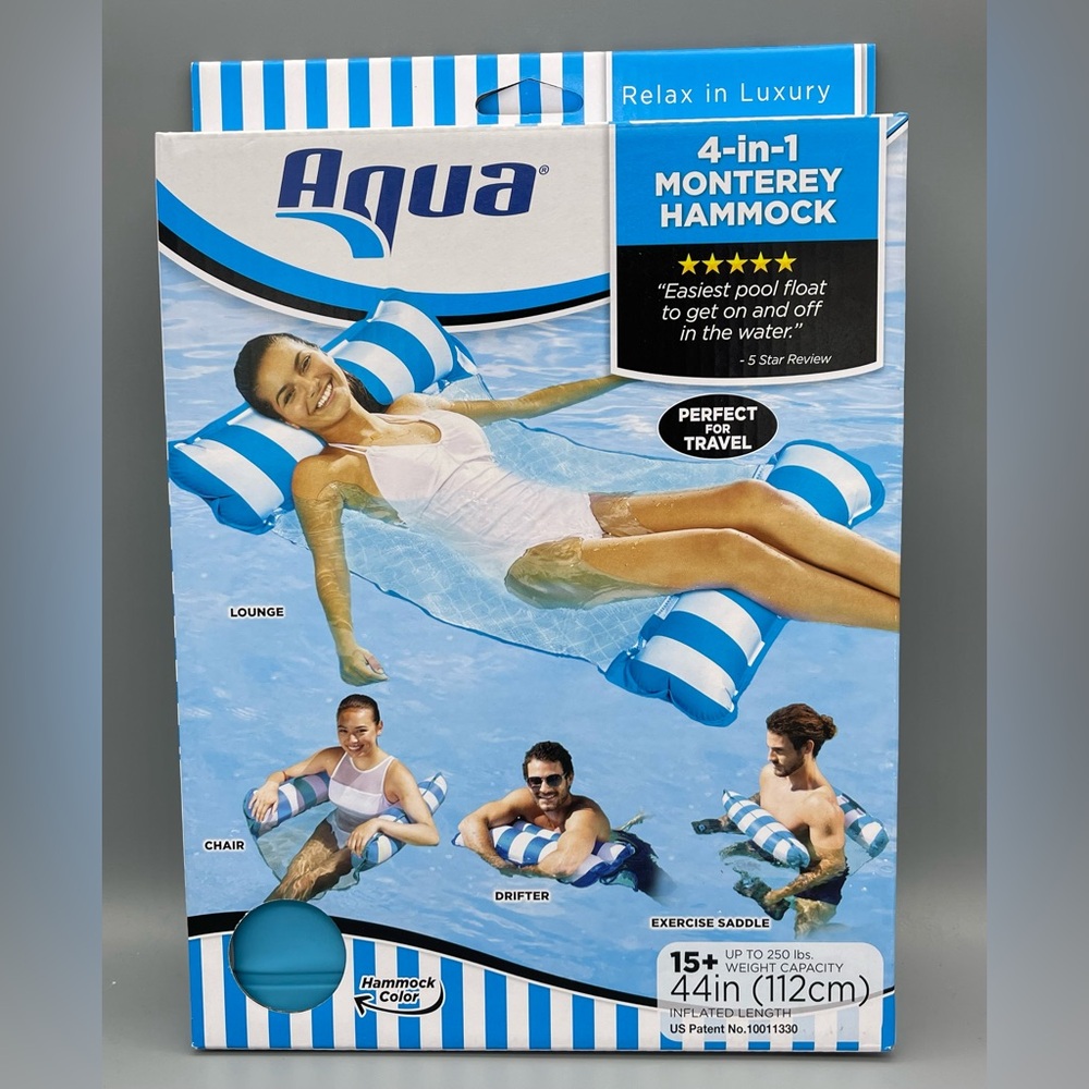 Aqua Inflatable 4 In 1 Monterey Hammock Pool Float, Blue & White Stripes NEW